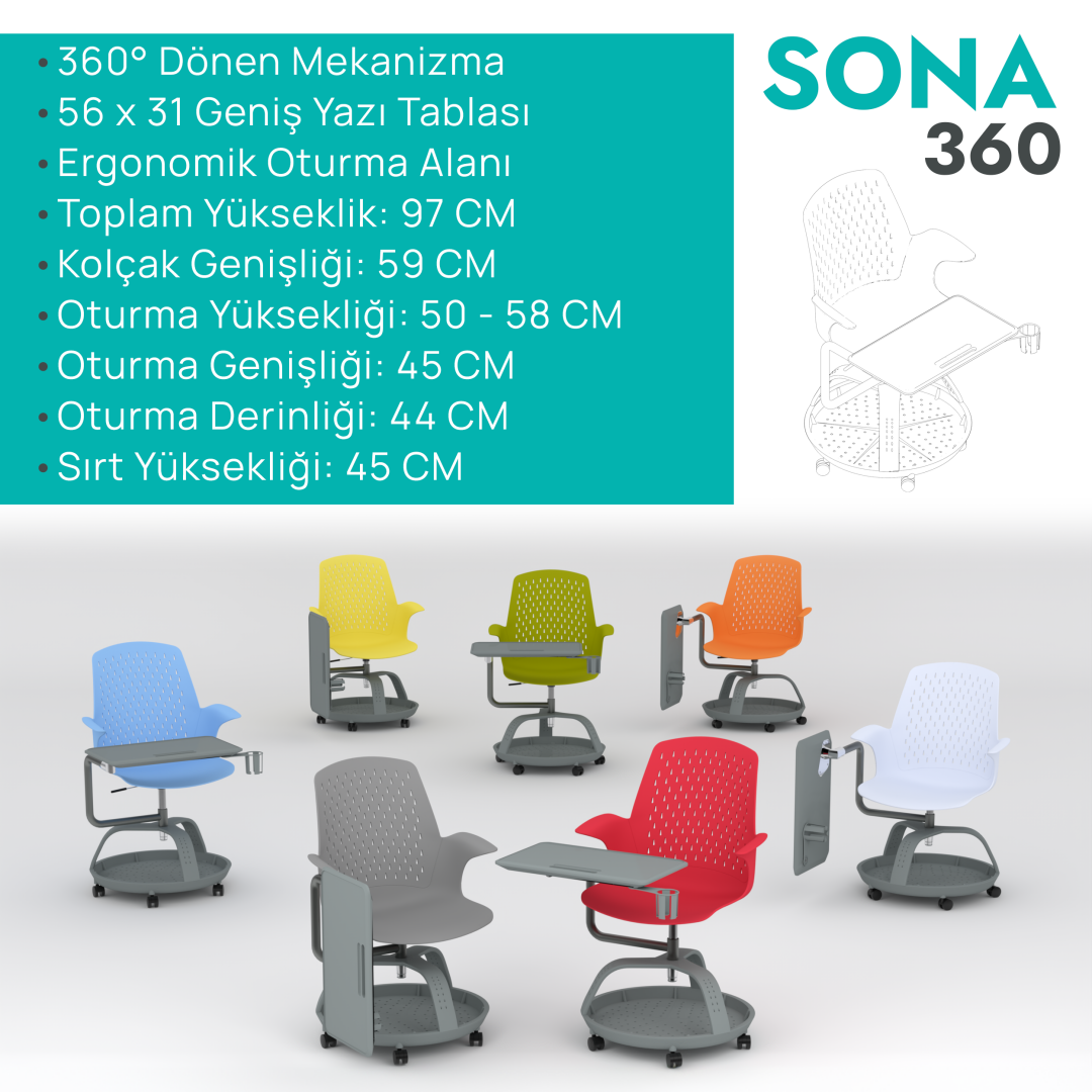 Sona 360 Yazı Tablalı Mobil Eğitim Sandalyesi